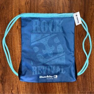 NWT Rock Revival Drawstring Backpack Blue Cinch Bag Buckle Logo Zip Pocket